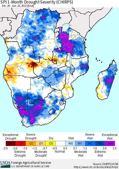 Southern Africa SPI 1-Month Drought Severity (CHIRPS) Thematic Map For 12/26/2021 - 1/25/2022