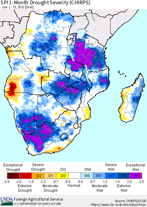 Southern Africa SPI 1-Month Drought Severity (CHIRPS) Thematic Map For 1/1/2022 - 1/31/2022
