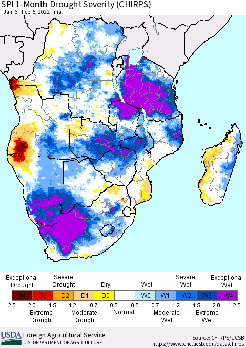 Southern Africa SPI 1-Month Drought Severity (CHIRPS) Thematic Map For 1/6/2022 - 2/5/2022