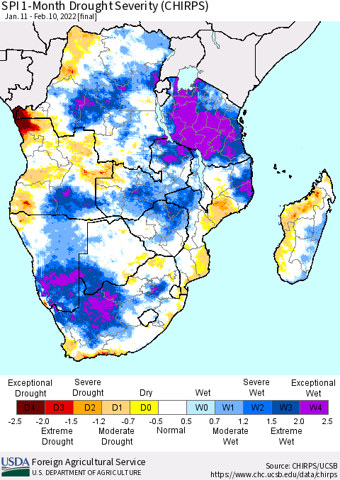 Southern Africa SPI 1-Month Drought Severity (CHIRPS) Thematic Map For 1/11/2022 - 2/10/2022