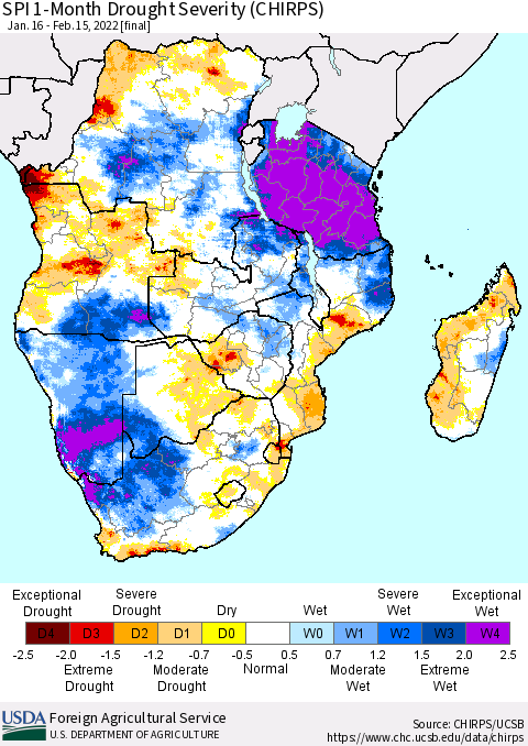 Southern Africa SPI 1-Month Drought Severity (CHIRPS) Thematic Map For 1/16/2022 - 2/15/2022