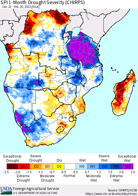 Southern Africa SPI 1-Month Drought Severity (CHIRPS) Thematic Map For 1/21/2022 - 2/20/2022