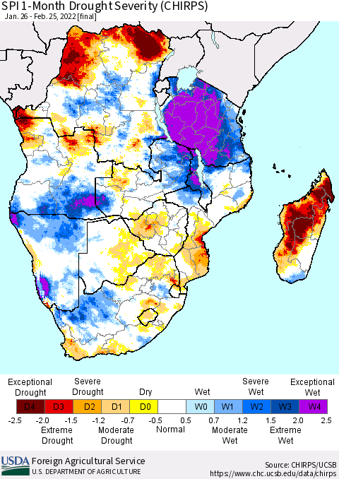 Southern Africa SPI 1-Month Drought Severity (CHIRPS) Thematic Map For 1/26/2022 - 2/25/2022