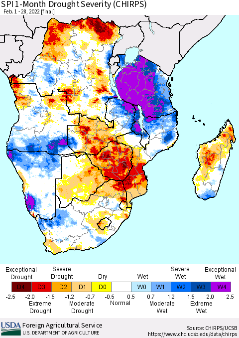 Southern Africa SPI 1-Month Drought Severity (CHIRPS) Thematic Map For 2/1/2022 - 2/28/2022