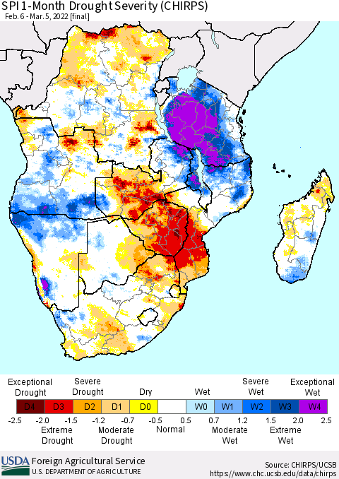 Southern Africa SPI 1-Month Drought Severity (CHIRPS) Thematic Map For 2/6/2022 - 3/5/2022