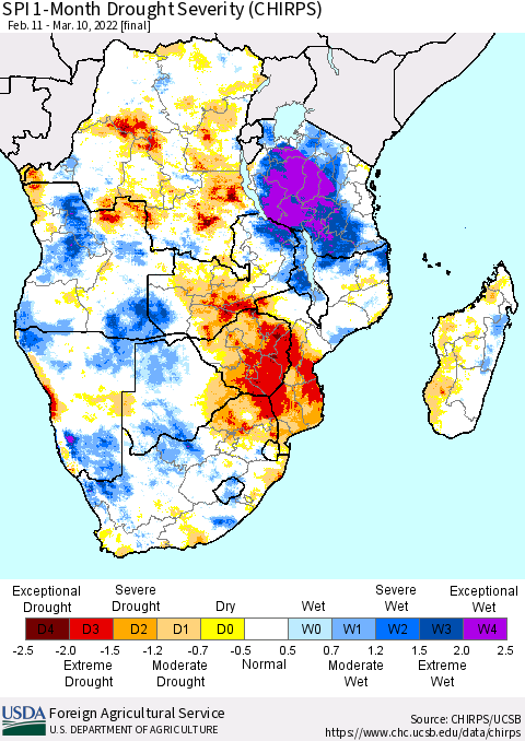 Southern Africa SPI 1-Month Drought Severity (CHIRPS) Thematic Map For 2/11/2022 - 3/10/2022