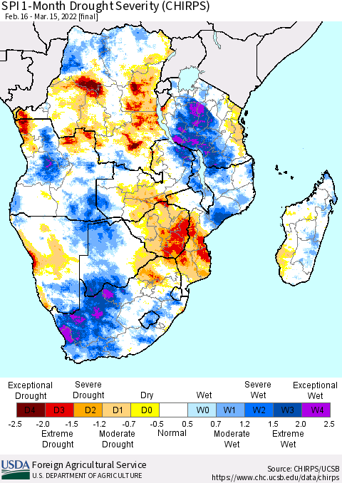 Southern Africa SPI 1-Month Drought Severity (CHIRPS) Thematic Map For 2/16/2022 - 3/15/2022