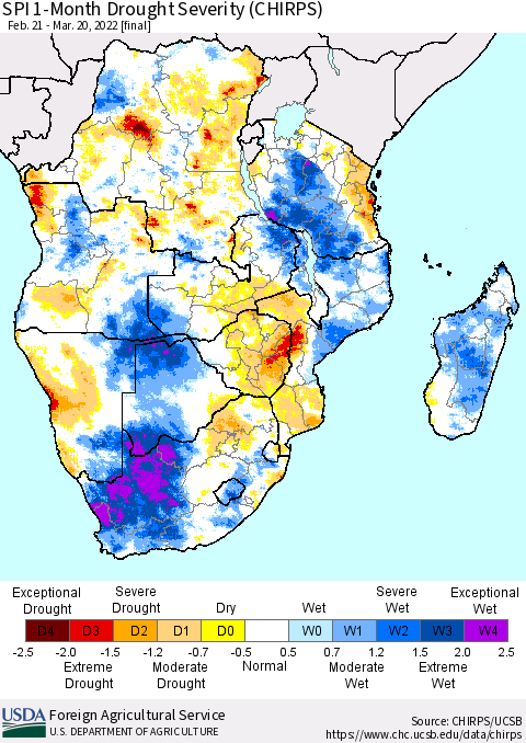 Southern Africa SPI 1-Month Drought Severity (CHIRPS) Thematic Map For 2/21/2022 - 3/20/2022