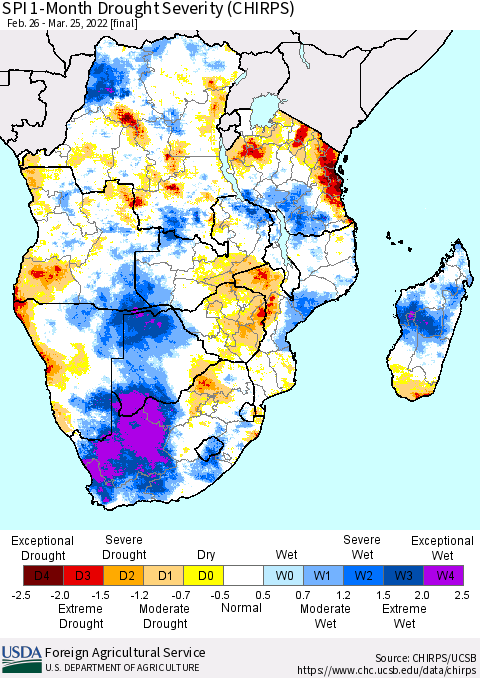 Southern Africa SPI 1-Month Drought Severity (CHIRPS) Thematic Map For 2/26/2022 - 3/25/2022