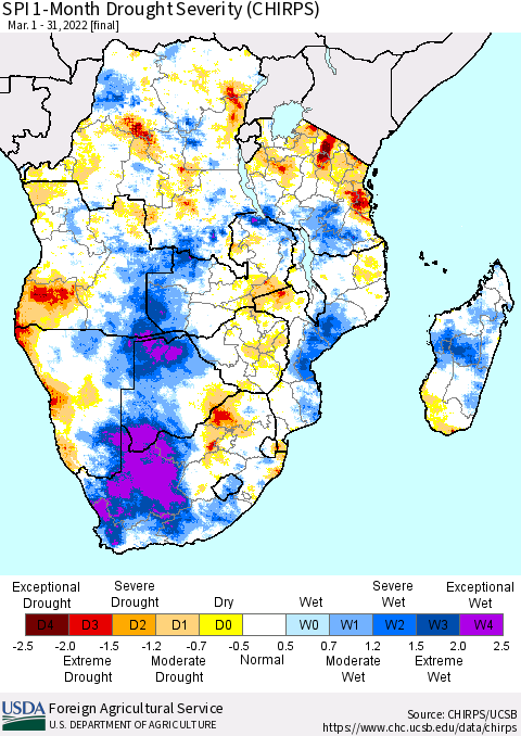 Southern Africa SPI 1-Month Drought Severity (CHIRPS) Thematic Map For 3/1/2022 - 3/31/2022