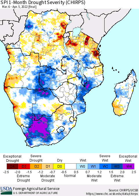 Southern Africa SPI 1-Month Drought Severity (CHIRPS) Thematic Map For 3/6/2022 - 4/5/2022