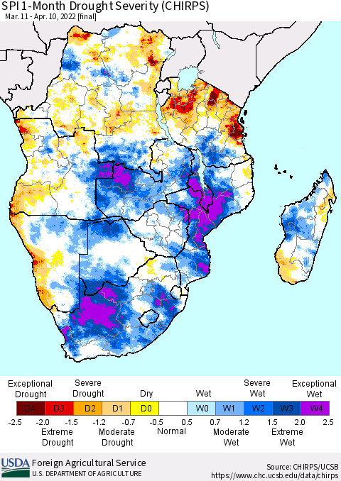 Southern Africa SPI 1-Month Drought Severity (CHIRPS) Thematic Map For 3/11/2022 - 4/10/2022
