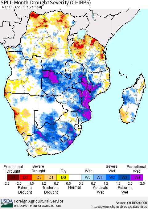 Southern Africa SPI 1-Month Drought Severity (CHIRPS) Thematic Map For 3/16/2022 - 4/15/2022