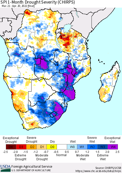 Southern Africa SPI 1-Month Drought Severity (CHIRPS) Thematic Map For 3/21/2022 - 4/20/2022