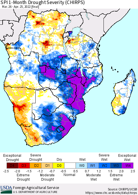 Southern Africa SPI 1-Month Drought Severity (CHIRPS) Thematic Map For 3/26/2022 - 4/25/2022