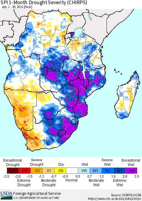 Southern Africa SPI 1-Month Drought Severity (CHIRPS) Thematic Map For 4/1/2022 - 4/30/2022