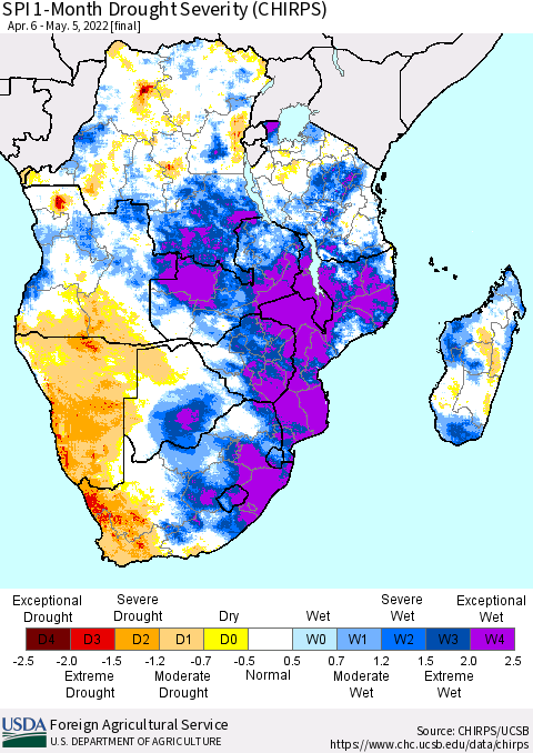 Southern Africa SPI 1-Month Drought Severity (CHIRPS) Thematic Map For 4/6/2022 - 5/5/2022