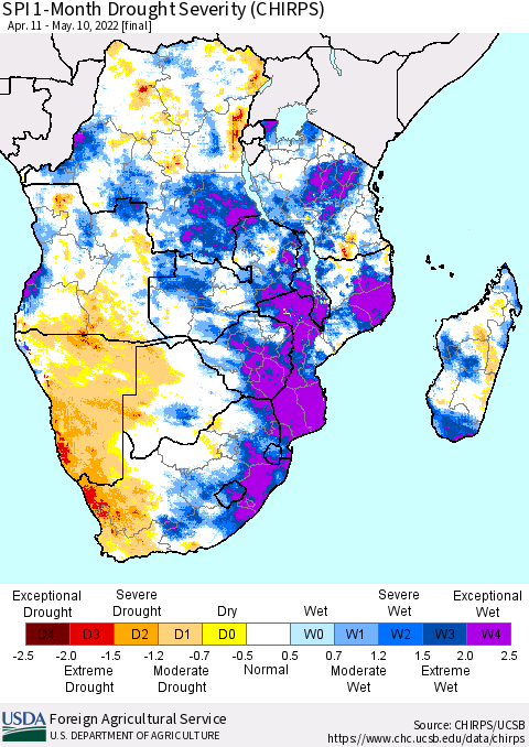 Southern Africa SPI 1-Month Drought Severity (CHIRPS) Thematic Map For 4/11/2022 - 5/10/2022