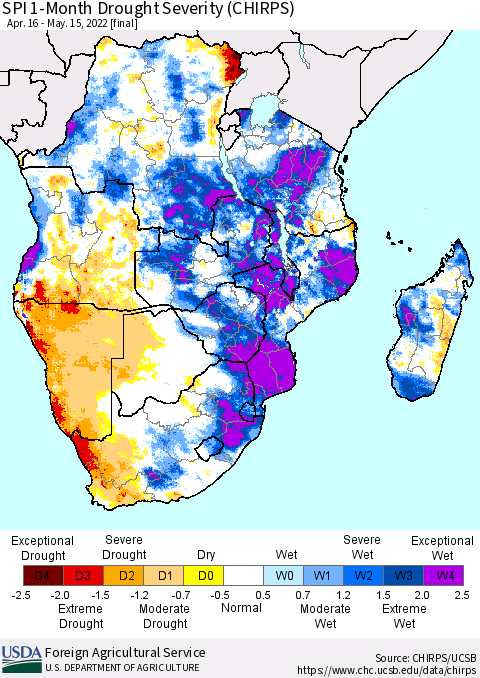 Southern Africa SPI 1-Month Drought Severity (CHIRPS) Thematic Map For 4/16/2022 - 5/15/2022