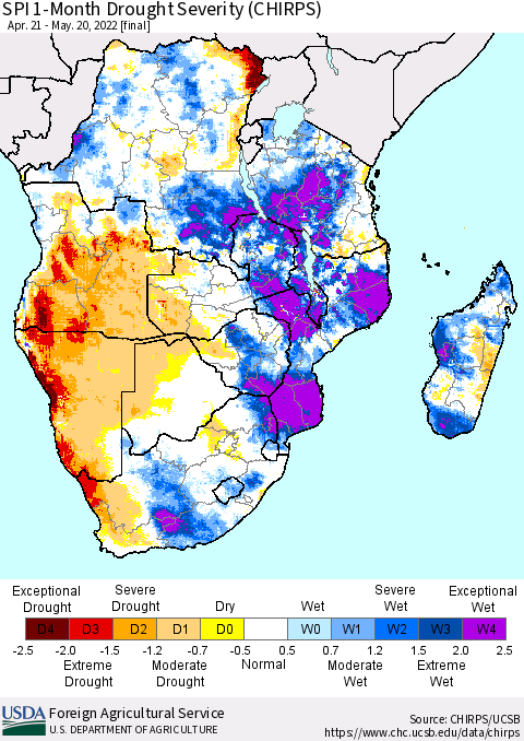 Southern Africa SPI 1-Month Drought Severity (CHIRPS) Thematic Map For 4/21/2022 - 5/20/2022