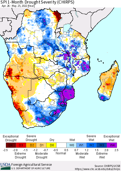 Southern Africa SPI 1-Month Drought Severity (CHIRPS) Thematic Map For 4/26/2022 - 5/25/2022