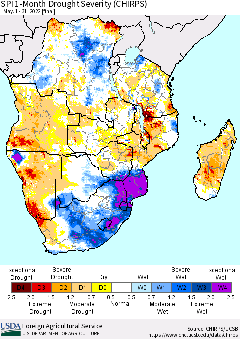 Southern Africa SPI 1-Month Drought Severity (CHIRPS) Thematic Map For 5/1/2022 - 5/31/2022