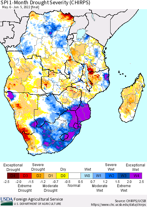 Southern Africa SPI 1-Month Drought Severity (CHIRPS) Thematic Map For 5/6/2022 - 6/5/2022