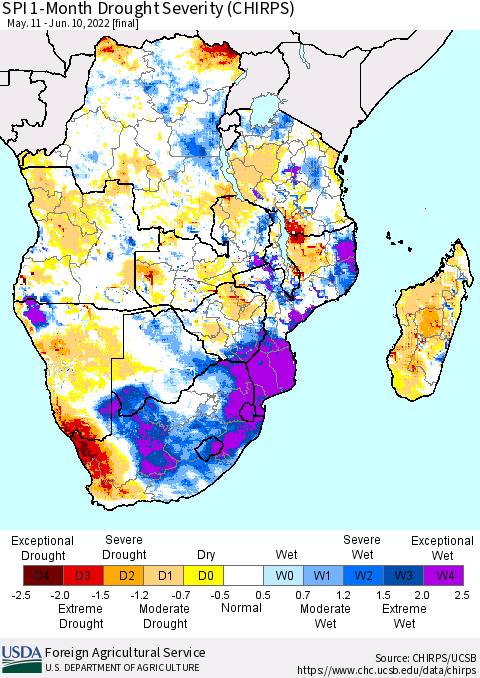 Southern Africa SPI 1-Month Drought Severity (CHIRPS) Thematic Map For 5/11/2022 - 6/10/2022