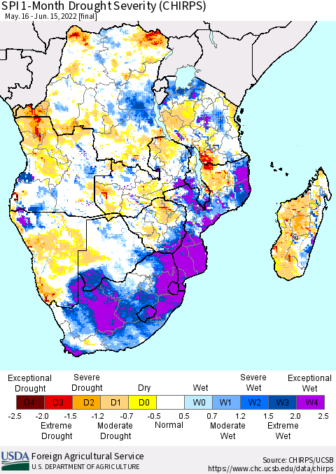 Southern Africa SPI 1-Month Drought Severity (CHIRPS) Thematic Map For 5/16/2022 - 6/15/2022