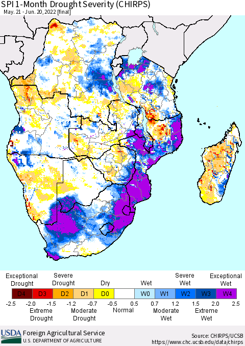 Southern Africa SPI 1-Month Drought Severity (CHIRPS) Thematic Map For 5/21/2022 - 6/20/2022