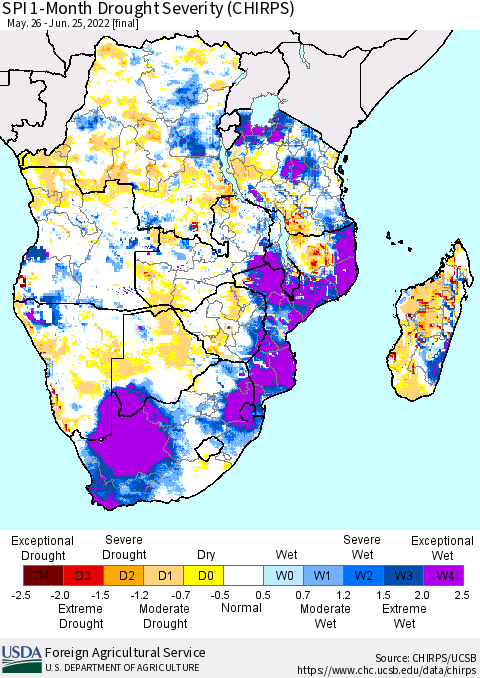 Southern Africa SPI 1-Month Drought Severity (CHIRPS) Thematic Map For 5/26/2022 - 6/25/2022