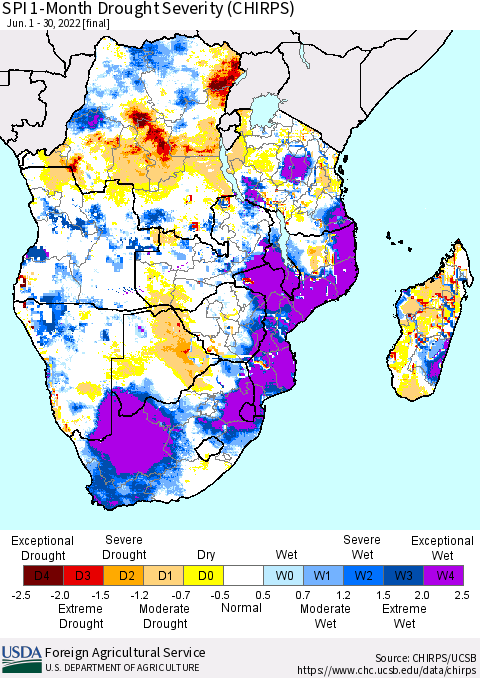 Southern Africa SPI 1-Month Drought Severity (CHIRPS) Thematic Map For 6/1/2022 - 6/30/2022