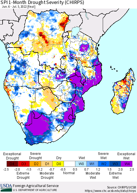 Southern Africa SPI 1-Month Drought Severity (CHIRPS) Thematic Map For 6/6/2022 - 7/5/2022