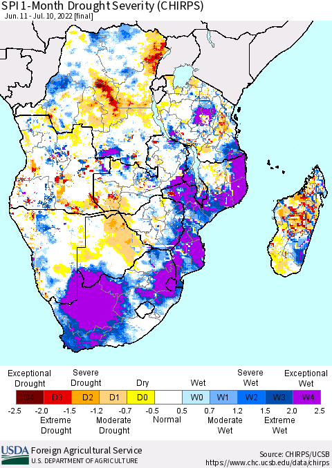 Southern Africa SPI 1-Month Drought Severity (CHIRPS) Thematic Map For 6/11/2022 - 7/10/2022