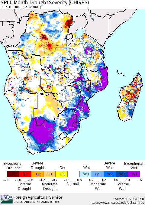Southern Africa SPI 1-Month Drought Severity (CHIRPS) Thematic Map For 6/16/2022 - 7/15/2022