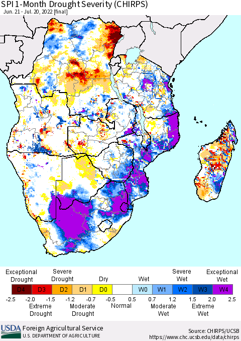 Southern Africa SPI 1-Month Drought Severity (CHIRPS) Thematic Map For 6/21/2022 - 7/20/2022