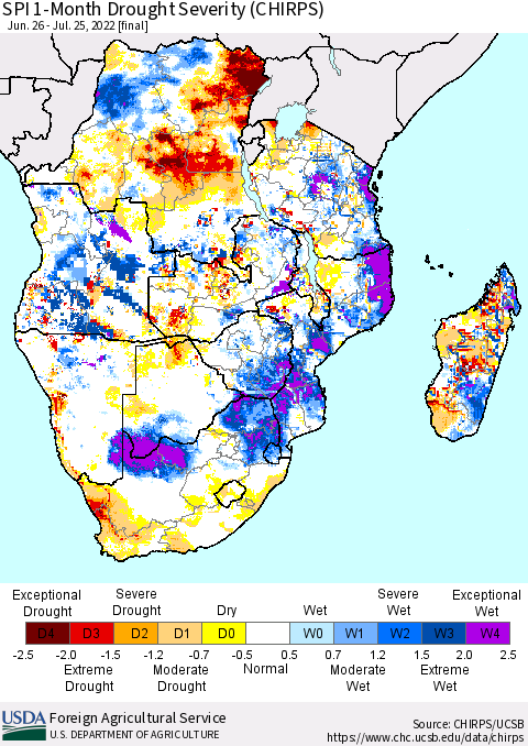 Southern Africa SPI 1-Month Drought Severity (CHIRPS) Thematic Map For 6/26/2022 - 7/25/2022