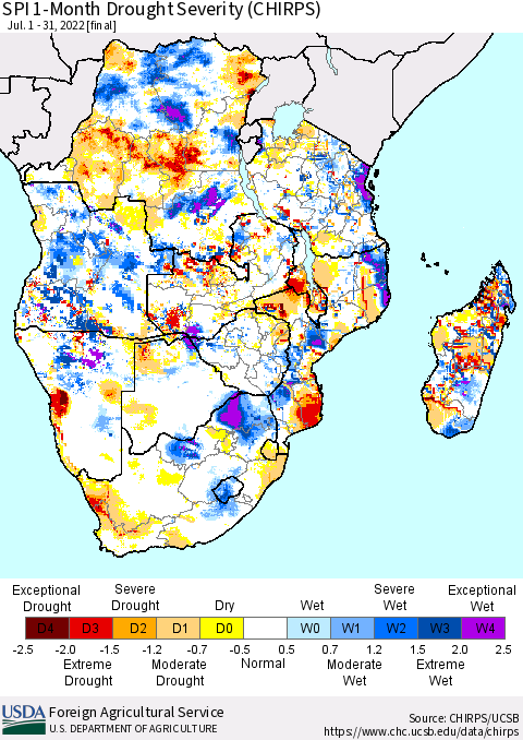Southern Africa SPI 1-Month Drought Severity (CHIRPS) Thematic Map For 7/1/2022 - 7/31/2022