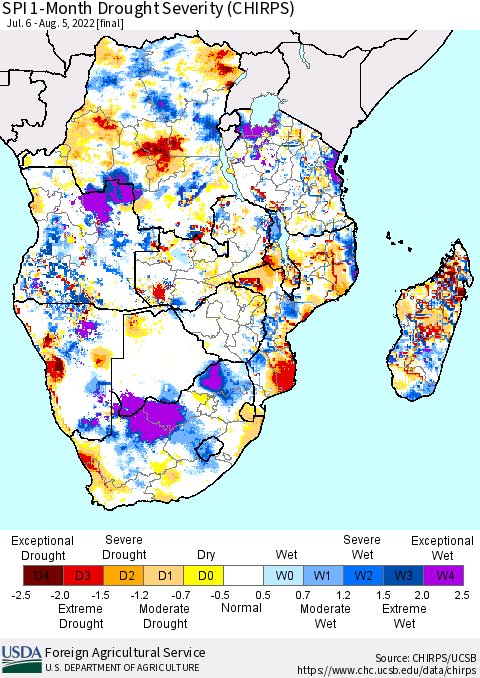 Southern Africa SPI 1-Month Drought Severity (CHIRPS) Thematic Map For 7/6/2022 - 8/5/2022