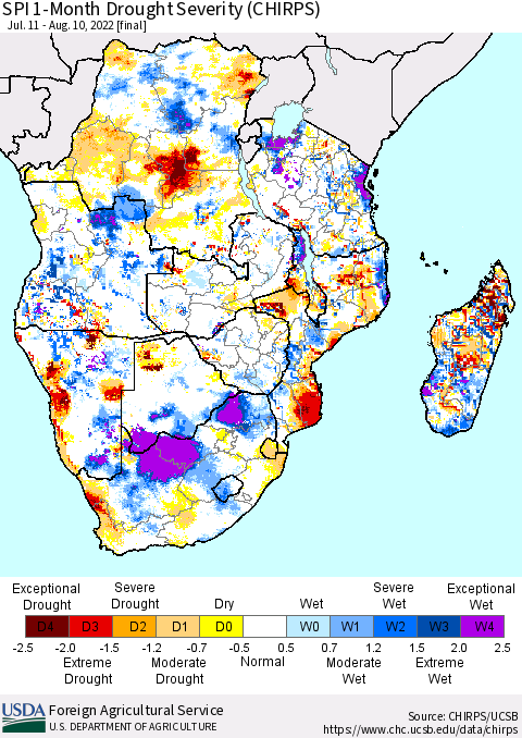 Southern Africa SPI 1-Month Drought Severity (CHIRPS) Thematic Map For 7/11/2022 - 8/10/2022