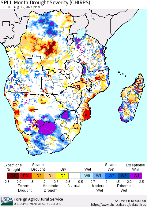 Southern Africa SPI 1-Month Drought Severity (CHIRPS) Thematic Map For 7/16/2022 - 8/15/2022