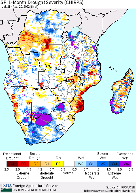 Southern Africa SPI 1-Month Drought Severity (CHIRPS) Thematic Map For 7/21/2022 - 8/20/2022
