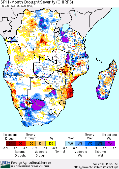 Southern Africa SPI 1-Month Drought Severity (CHIRPS) Thematic Map For 7/26/2022 - 8/25/2022