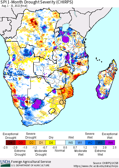 Southern Africa SPI 1-Month Drought Severity (CHIRPS) Thematic Map For 8/1/2022 - 8/31/2022