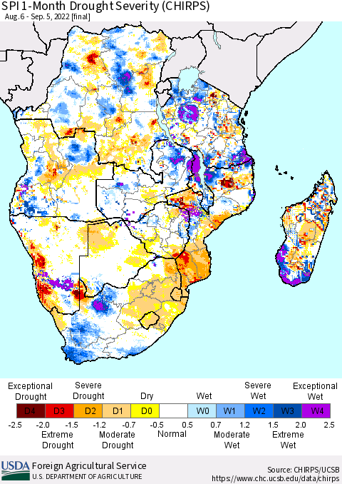 Southern Africa SPI 1-Month Drought Severity (CHIRPS) Thematic Map For 8/6/2022 - 9/5/2022