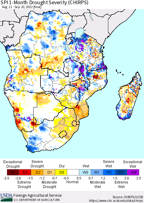 Southern Africa SPI 1-Month Drought Severity (CHIRPS) Thematic Map For 8/11/2022 - 9/10/2022