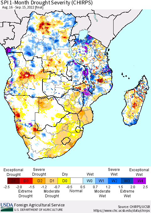 Southern Africa SPI 1-Month Drought Severity (CHIRPS) Thematic Map For 8/16/2022 - 9/15/2022