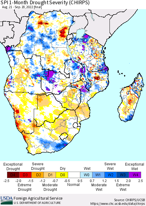 Southern Africa SPI 1-Month Drought Severity (CHIRPS) Thematic Map For 8/21/2022 - 9/20/2022