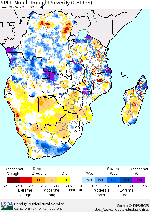 Southern Africa SPI 1-Month Drought Severity (CHIRPS) Thematic Map For 8/26/2022 - 9/25/2022