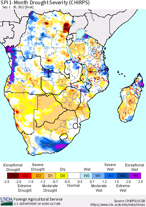 Southern Africa SPI 1-Month Drought Severity (CHIRPS) Thematic Map For 9/1/2022 - 9/30/2022